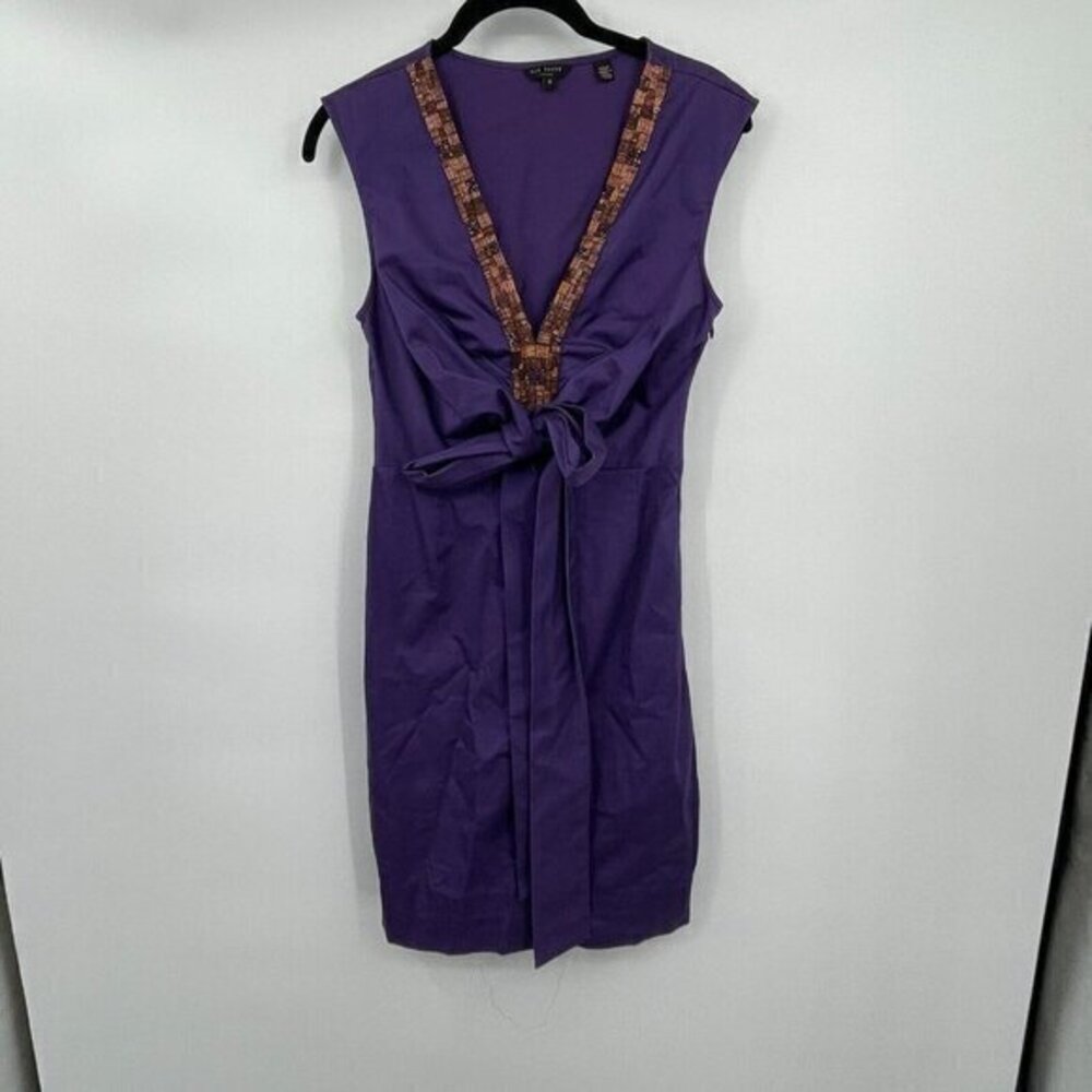 Ted Baker London Womens Dress Small Size 2 Purple Beaded V Neck Zipper Classic